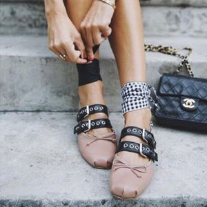 Miu Miu Belted Leather Ankle-Wrap Ballerina Flat